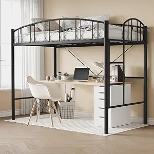 Garvee Loft Bed Twin Size with Ladde and Arched Guardrail, Heavy Duty Metal Loft Bed Frame for Kids and Adults, Sturdy Steel Slats Support, Small Space Saving Design, No Box Spring Needed, Black