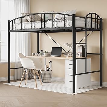 Loft Bed Twin Size with Stairs and Arched Guardrail, Sturdy Metal Slats Support, Space Saving, Noise Free, No Box Spring Needed, Ideal for Kid Room and Dorm, Black