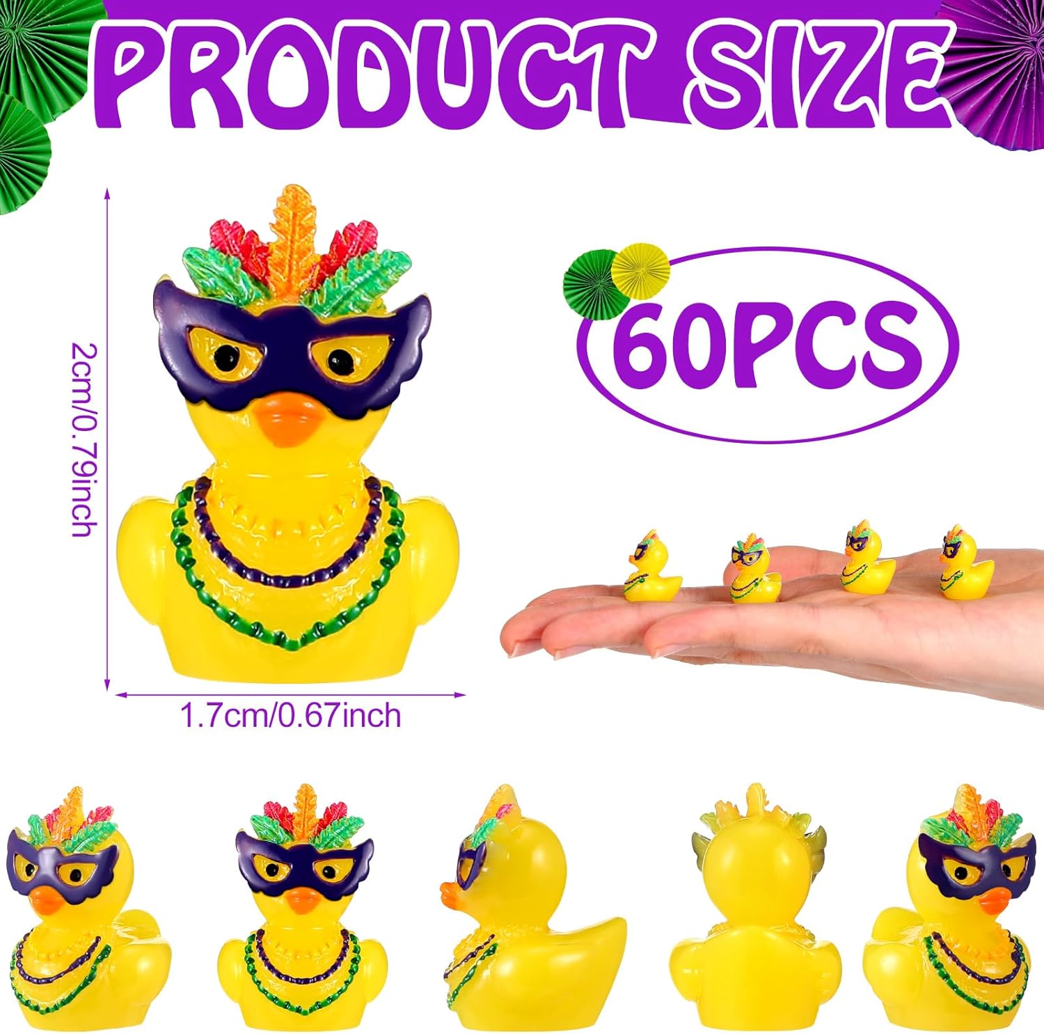 Condition photo showing Good Condition for Weysat 60 Pcs Mini Mardi Gras Cruise Resin Ducks Tiny Yellow Green Purple Resin Ducks with Mardi Gras Mask Beads Necklace for Masquerade Birthday Carnival Party Gift