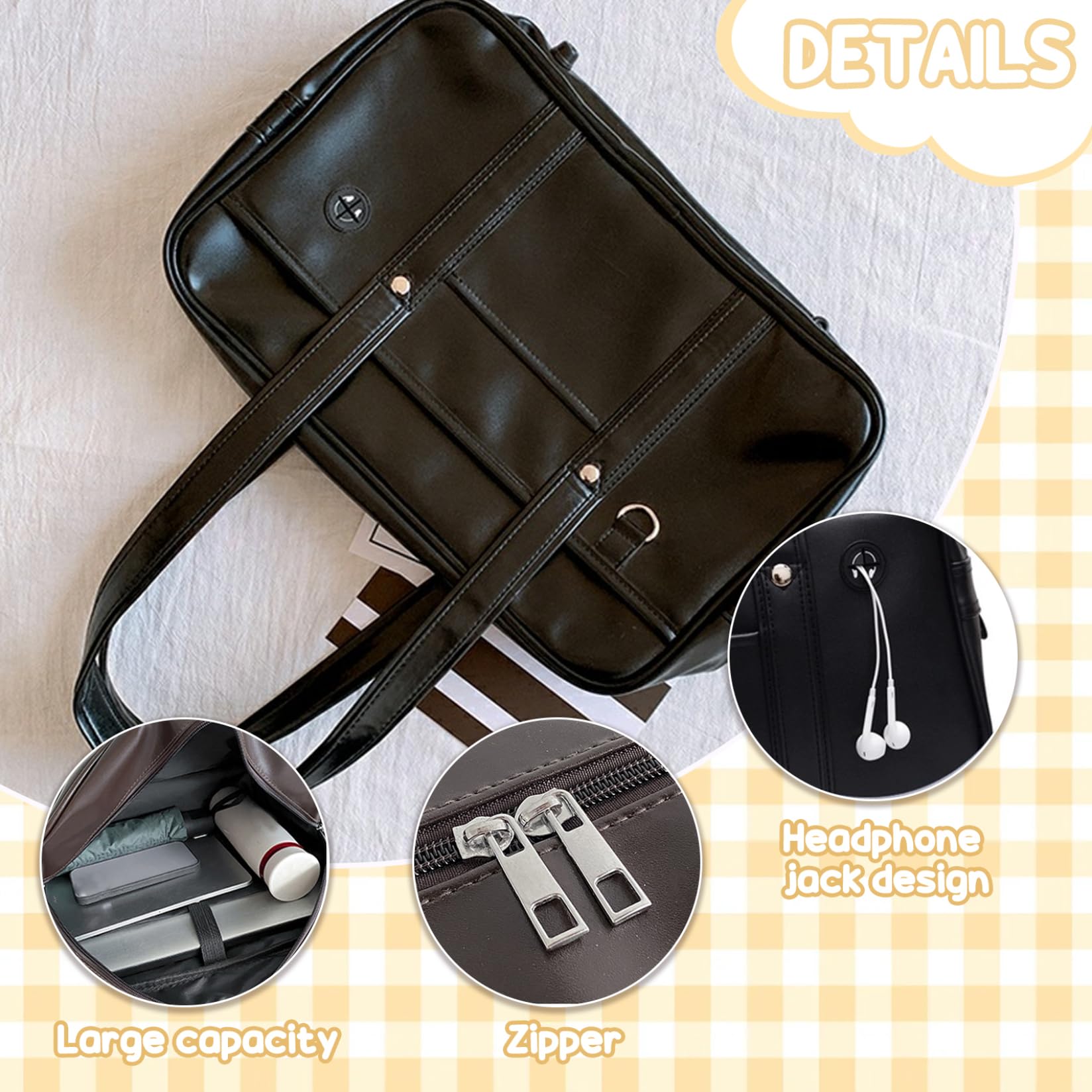 Borsa per la scuola giapponese in pelle PU, borsa multi tasca di capacità con foro per cuffie, a tracolla per laptop per studenti