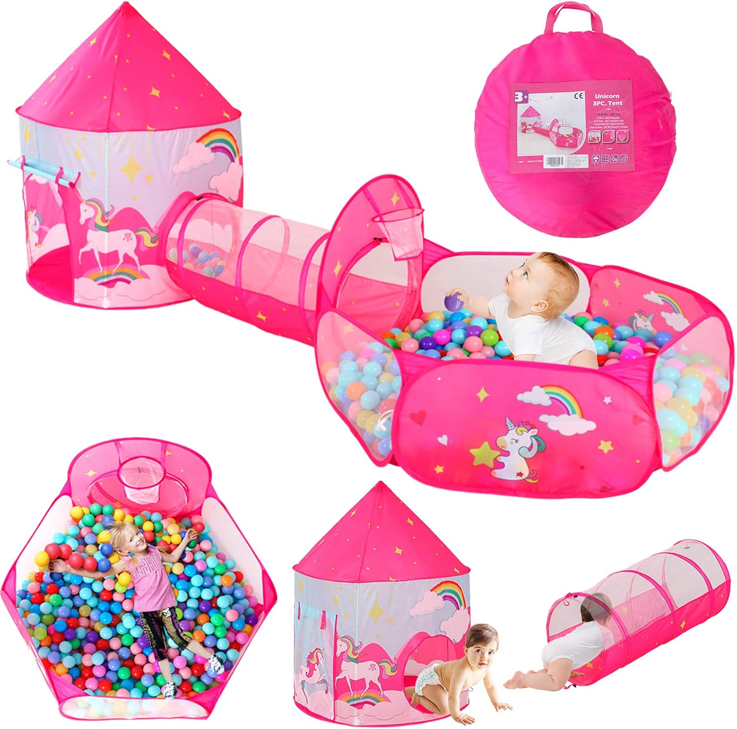 LEGVE 3pc Gift for Girls Princess Fairy Tale Castle Play Unicorn Tent Toy- Crawl Tunnel & Ball Pit Pink with Basketball Hoop for Kids Toddlers for Indoor & Outdoor Playhouse