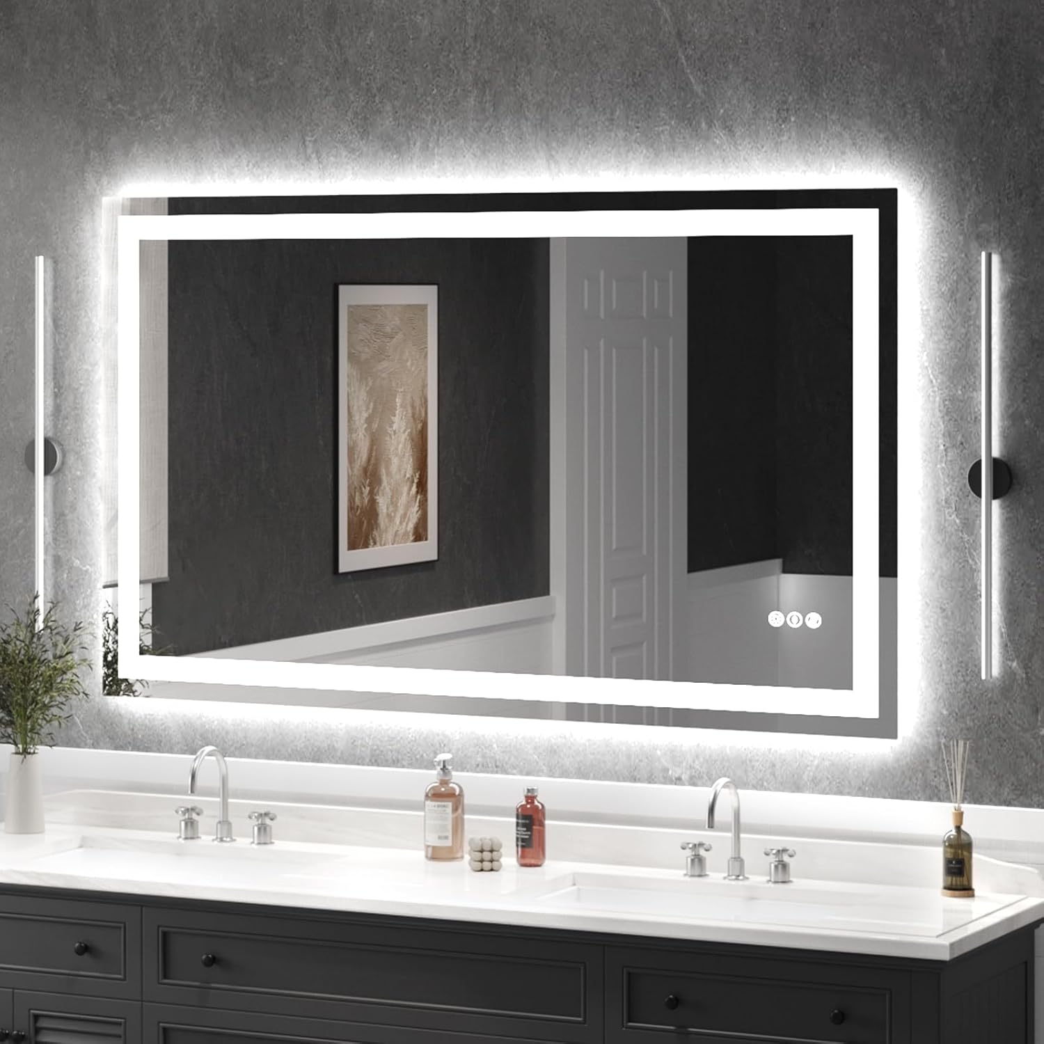 USHOWER LED Bathroom Mirror 60x36 Inch Tempered Glass - Frameless LED Backlit Lighted Mirror for Bathroom Vanity with Anti-Fog, 3 Colors Dimmable, Memory Function, Wall-Mounted