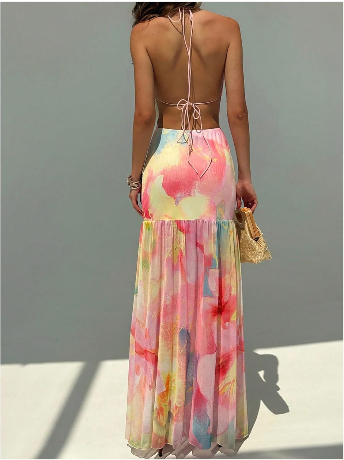 Floerns Women's Floral Mesh Halter Backless Boho Maxi Dress Spaghetti Strap Vacation Long Dresses - Image 2