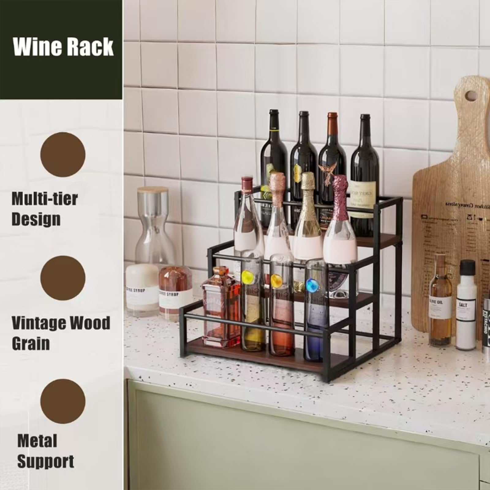 Scaffale per sciroppo di caffè,3 piani, 12 bottiglie,mensole da bar retrò,in legno rustico e filo metallico,supporto per stazione di caffè,per sciroppo, vino, condimenti