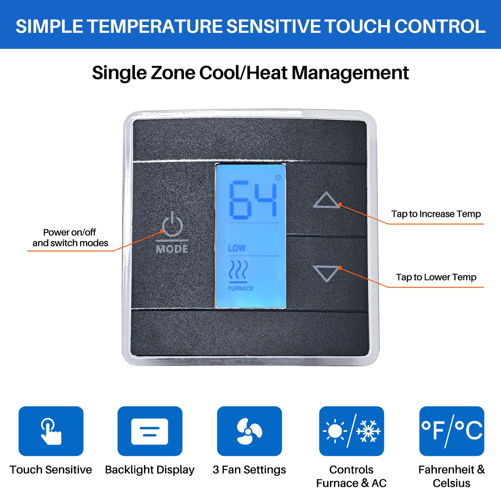 Termostato de repuesto para RV compatible con Dometic CT termostato 3316250.712, control de termostato digital de pared de una sola zona de 3 cables para frío/calor, 12 V CC, sensible al tacto