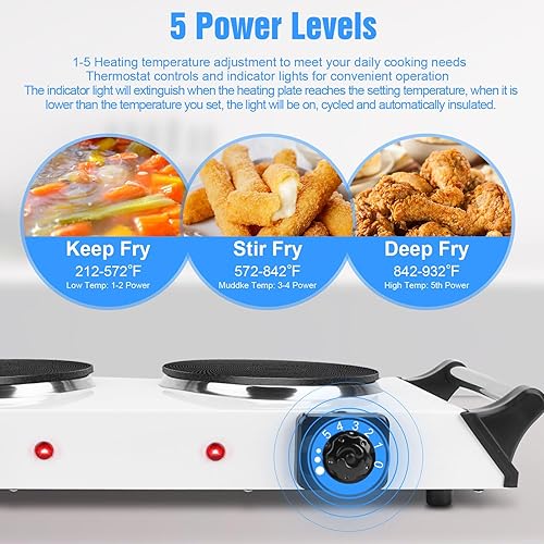 Miniatura 5 de Placa caliente de 2000 W, estufa eléctrica portátil para encimera, quemadores dobles con control de temperatura de 5 niveles y asas que se mantienen