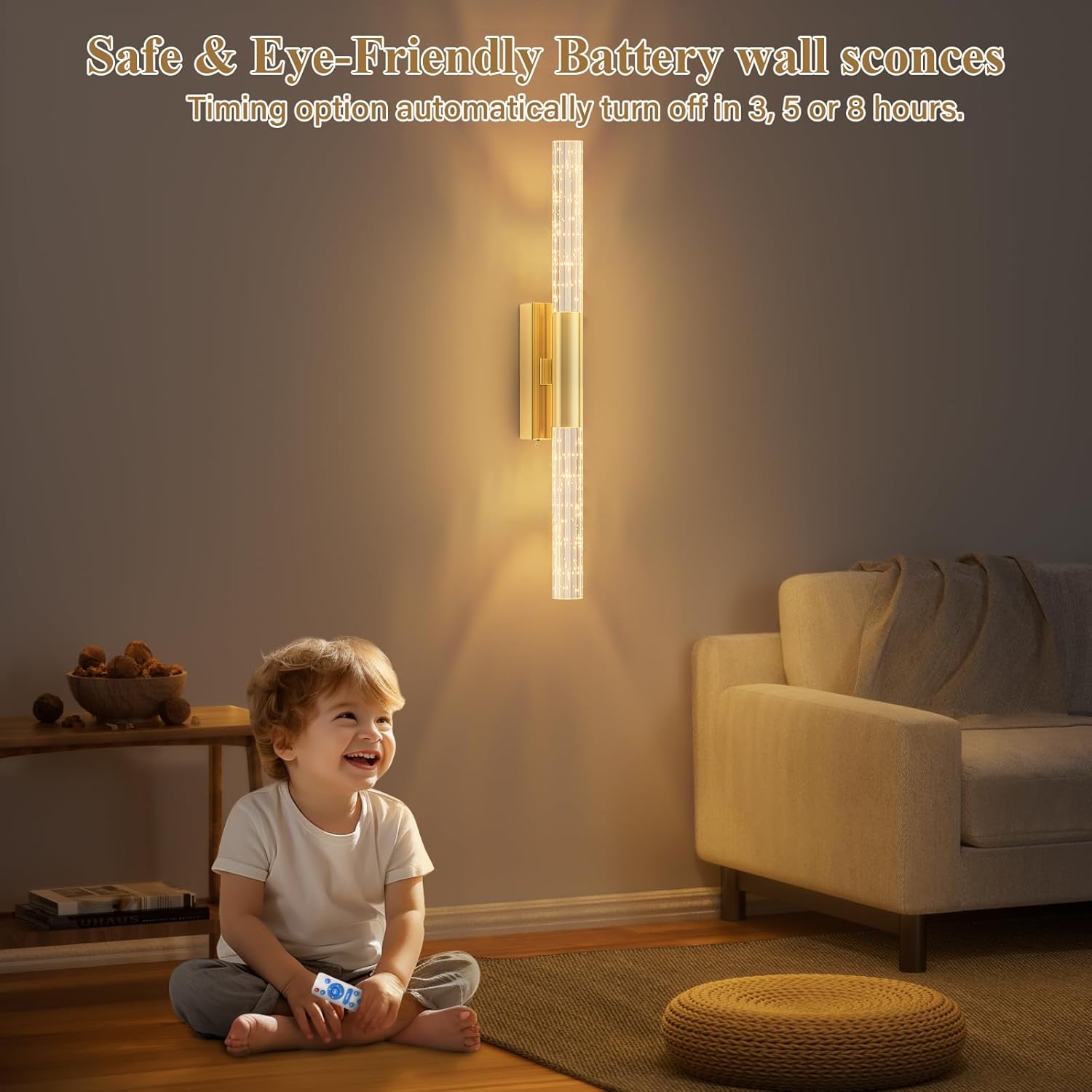 camuucci Battery Operated Wall Sconces Set of 2 Rechargeable Battery Powered Wall Light with 12000mAh Not Hardwired Dimmable Wall Lamp Fixtures for Bedroom Living Room Gold 25.6 Inches