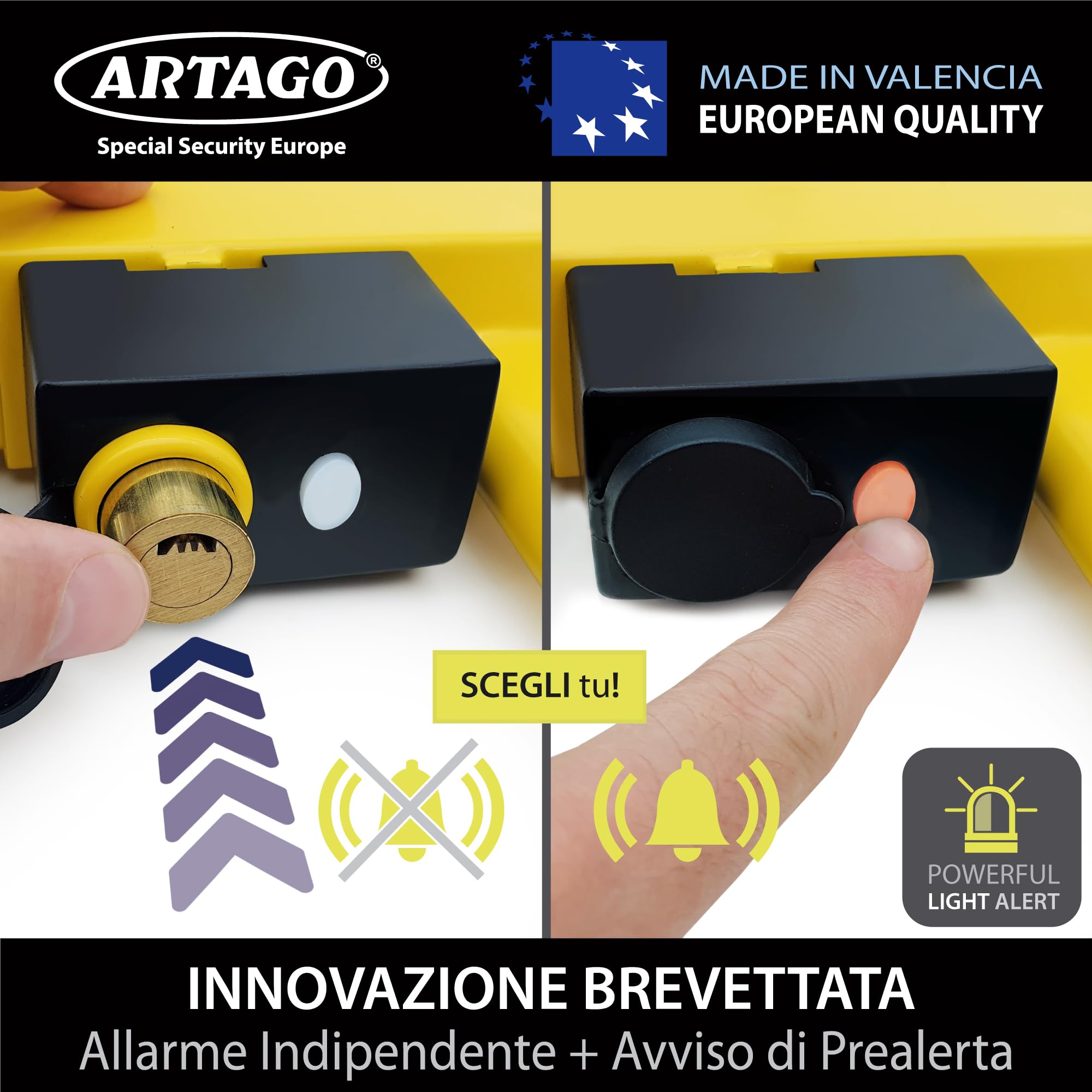 ARTAGO ART872 Il Blocca Ruota Più Sicuro e Deterrente, Antifurto Auto Rimorchio Camper 2in1, Senza/Con Allarme 120dB+LED Avviso Visibile Notte, Doppia Protezione Antiruggine Più Resistente, Universale