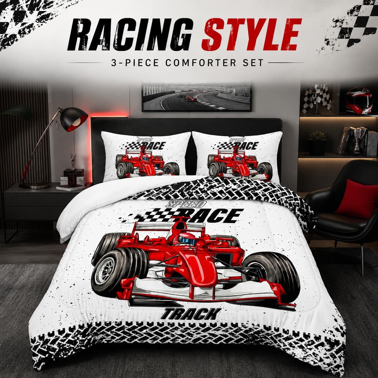 AILONEN Red Racing Car Comforter Set Twin Size, Extreme Sports Theme Bedding Set Black White Grid for Kids Boys,Race Car Competition Bed in a Bag Soft Breathable,1 Quilt 2 Pillowcases,3 Pcs image 2