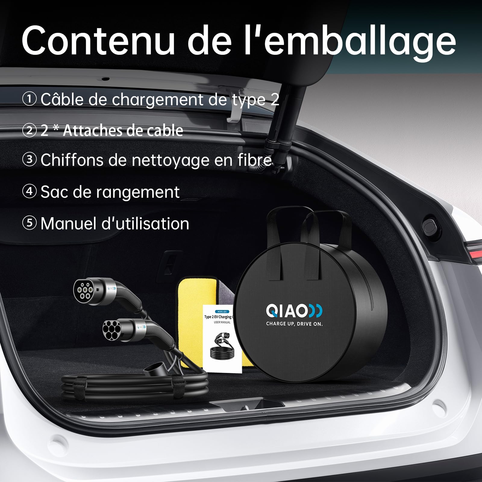 QIAO Câble de Charge de Type 2 monophasé(7.4kW/10m/32A) | IEC 62196 Mode 3, EV/PHEV, Type 2 à Type 2, pour Tesla, Renault, Peugeot, VW – compatible avec la plupart des Type 2