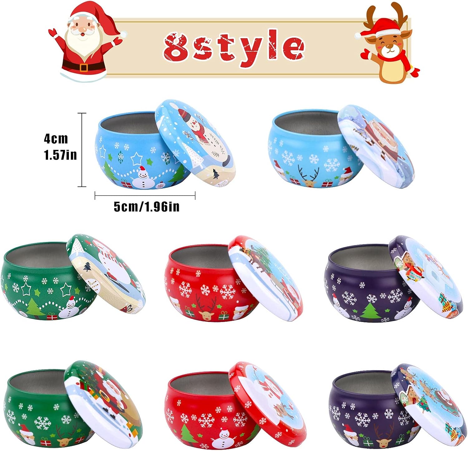 TSLBW Candle Tin Jars 8PCS Christmas Round Tinplate Empty Tins Boxes Mini Candle Making Containers Empty Metal Candle Tin with Lids for DIY Candle Making Candy Tea Spices Xmas Party Favor Gifts