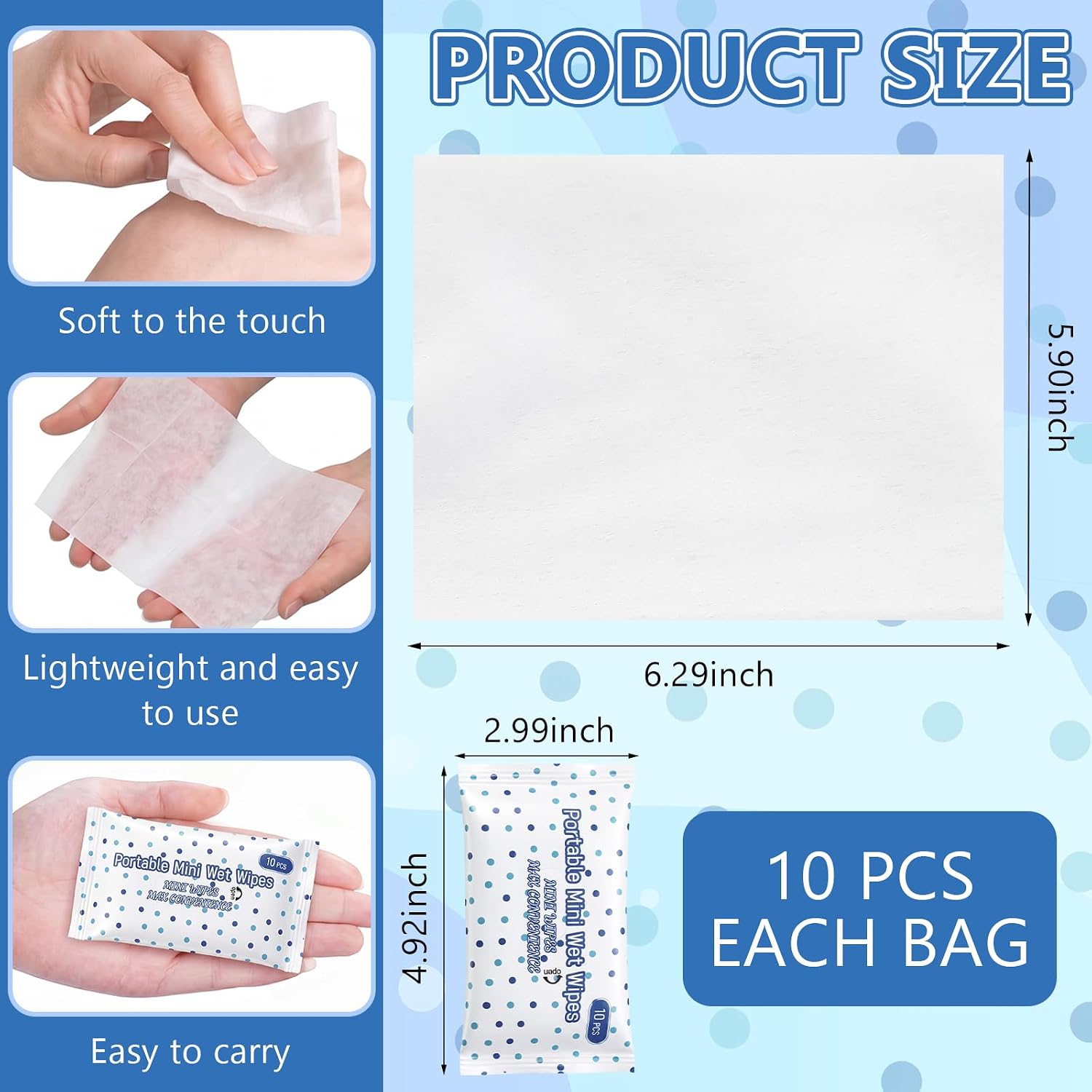 240 Pcs Travel Wipes 24 Pack 100% Water Wet Mini Wipes Individually Wrapped Travel Size Hand Wipe Unscented and Safe for Skin Compact Mini Wipe for Back to School Purses Pockets(Blue Point)