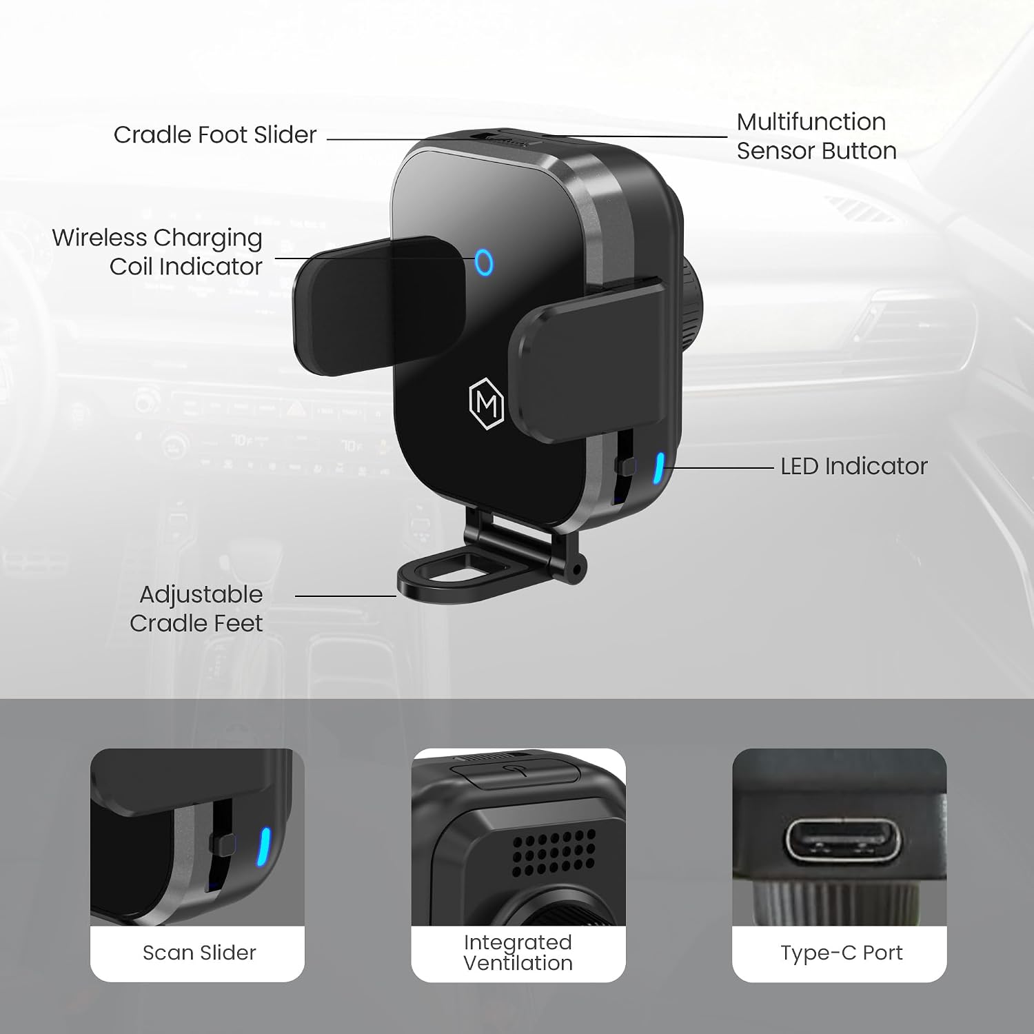 Wireless Car Charger Phone Mount – 15W Charging, Adjustable Stand, Two Mounting Options, Compatible with Phones 3 to 4 Inches - Mini Grip Cradle Multi Angle Suction Cup