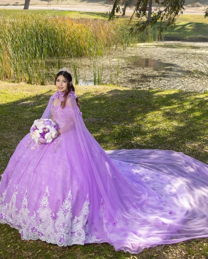 Amazon.com: Lilac 3D Flowers White Lace Ball Gowns Quinceanera Dresses 2  Piece Detachable Cap Long Train Sweet 16 Dress Lilac 2: Clothing, Shoes &  Jewelry