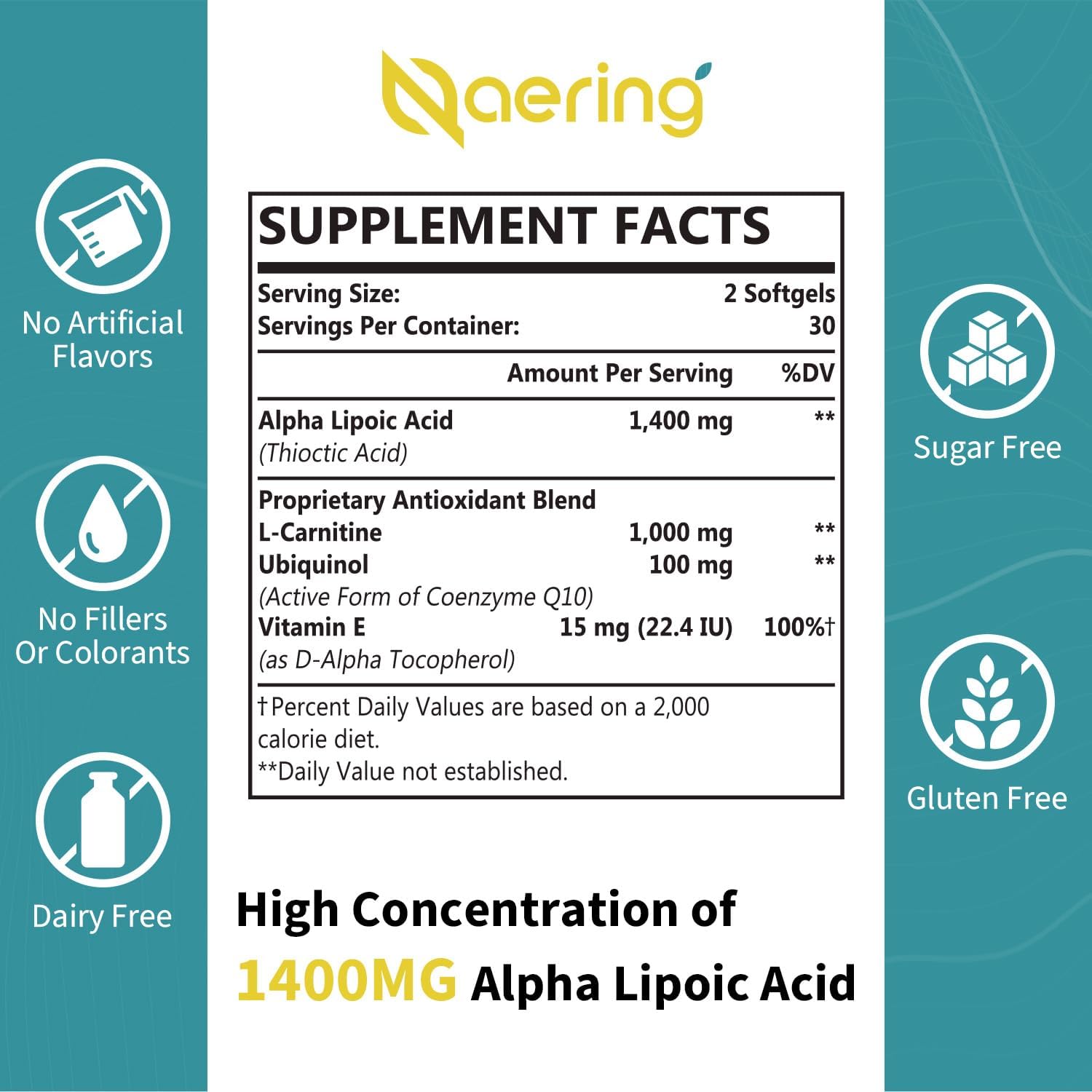 Liposomal Alpha Lipoic Acid 1400mg Softgels, ALA Supplement with L-Carnitine 1000mg, Ubiquinol (Active CoQ10) 100mg and Vitamin E 10mg,Alpha-Lipoic Acid for Antioxidants, Nerve,Energy 60 Softgels - Image 2