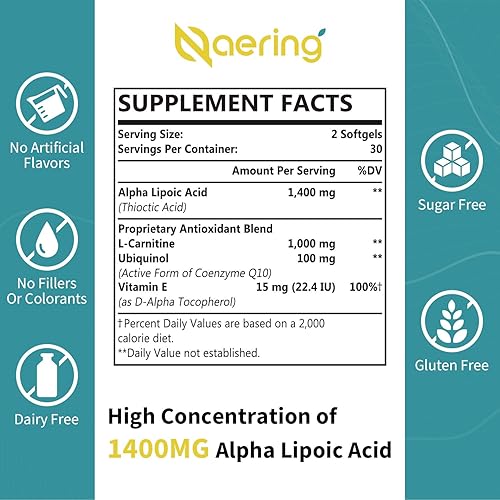 Miniatura 2 de Cápsulas blandas de ácido alfa liposomal de 1400 mg, suplemento ALA con L-carnitina 1000 mg, ubiquinol (CoQ10 activa) 100 mg y vitamina E 10 mg,
