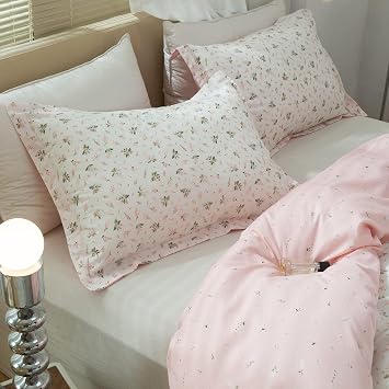 Pink Floral Pillowcases Set 100% Cotton Flower Print Pillow Shams Kids Girls Botanical Floral Bed Pillow Covers Cotton Standard Decorative Pillowcases Set of 2, Envelope Closure, 2 Pieces,20"26"