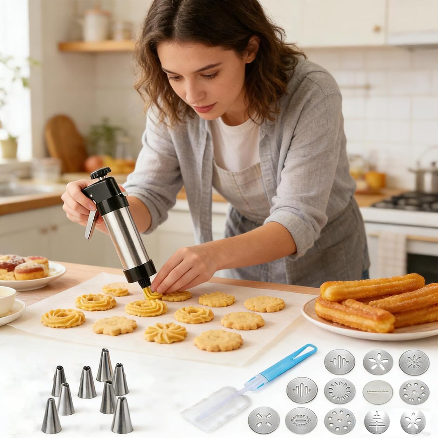 Cookie Press for Baking Stainless Steel Maker with 13 Discs 8 Piping Tips