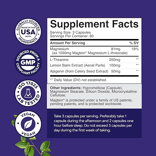 Miniatura 10 de Suplemento para dormir de magnesio de alta absorción, L-treonato de magnesio 1000 mg de apigenina 50 mg de L-teanina 200 mg y extracto de bálsamo de