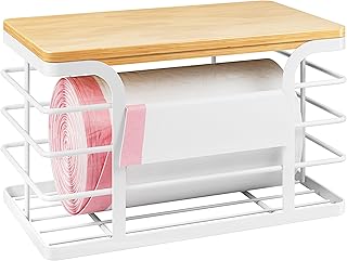 Trash Bag Holder Dispenser with Bamboo Top,Wall Mount Garbage Bag Dispenser,Stackable Storage for Kitchen Laundry Room Organization,White Small