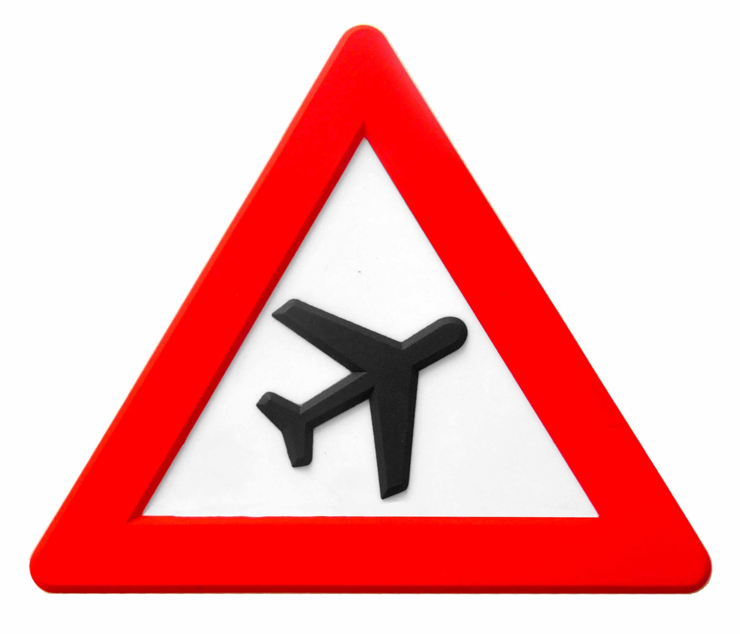 '3D Magnet – Fridge Magnet – Traffic Sign: CAUTION – Planes – The Ultimate Turn on no Runway Should Be Without. Dimensions: Approximately 7.5 x 6.7 cm