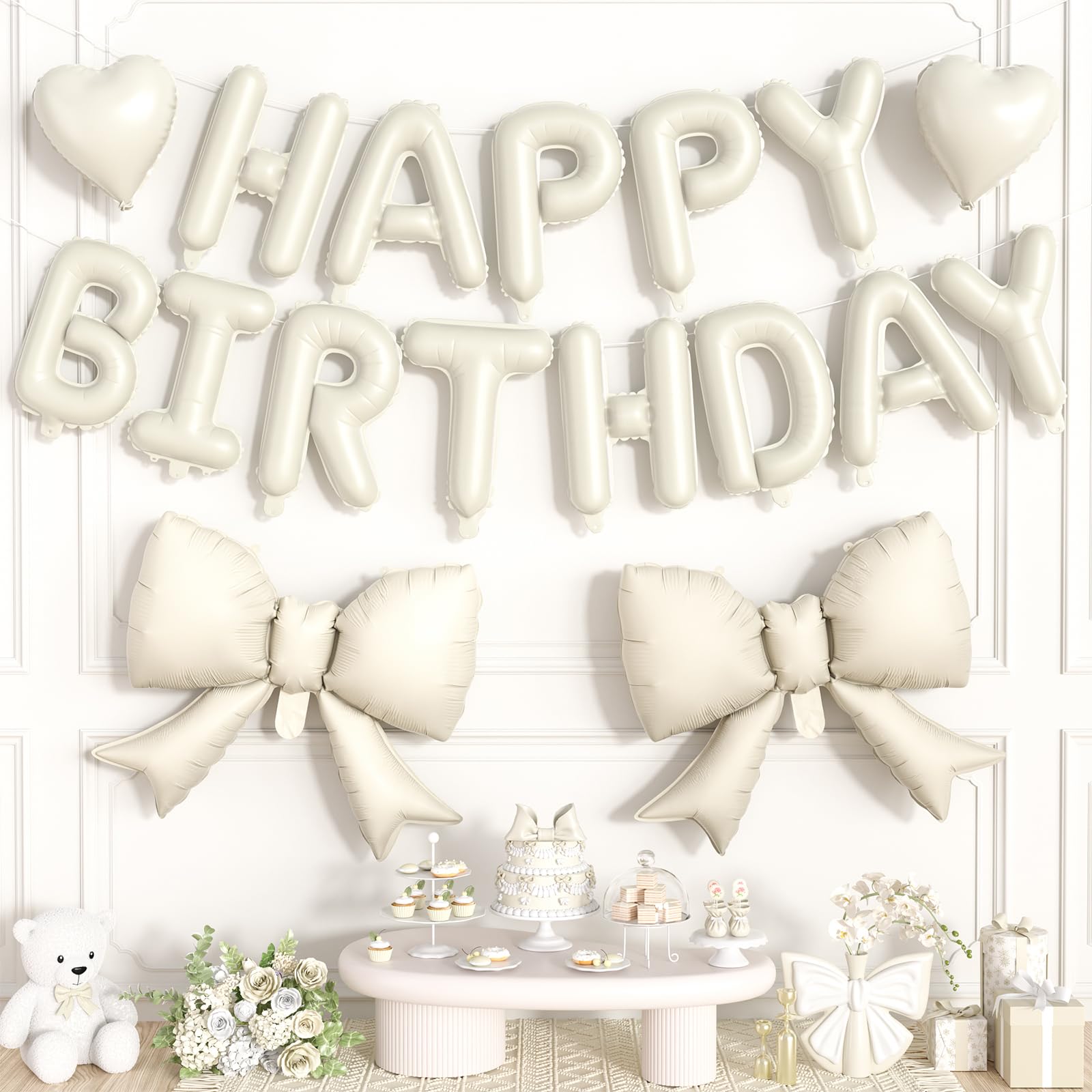 Sand White Happy Birthday Balloon Banner,21Inch Pink Bow Balloons,10Inch Heart Foil Balloon Set for Girls Women Birthday Decorations Princess Coquette Party Decor