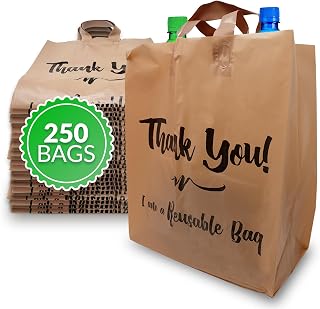 Reli. Reusable Thank You Bags | 250 Pack, 2 Mil | Brown/Kraft Shopping Bags Plastic | 12" L x 6.75" W x 14" H | Ideal for Groceries, Retail, Food Take Out/To Go, Small Business