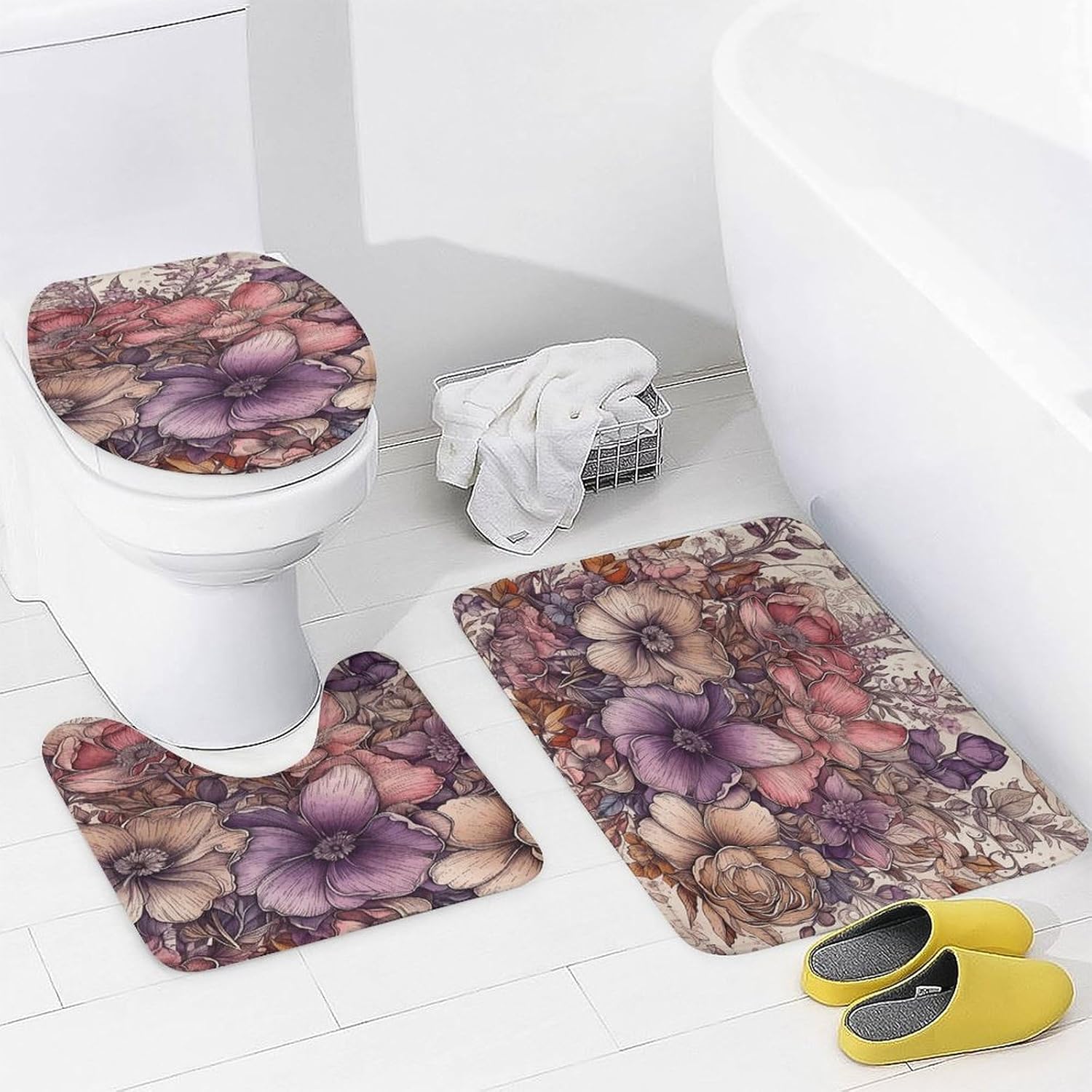 Floral Design Pattern 4Pcs Shower Curtain Set with Non-Slip Rugs, Toilet Lid Cover and Bath Mat,Bathroom Set Decor Accessories,Curtain Set with 12 Hooks, 72 X 72 Inch