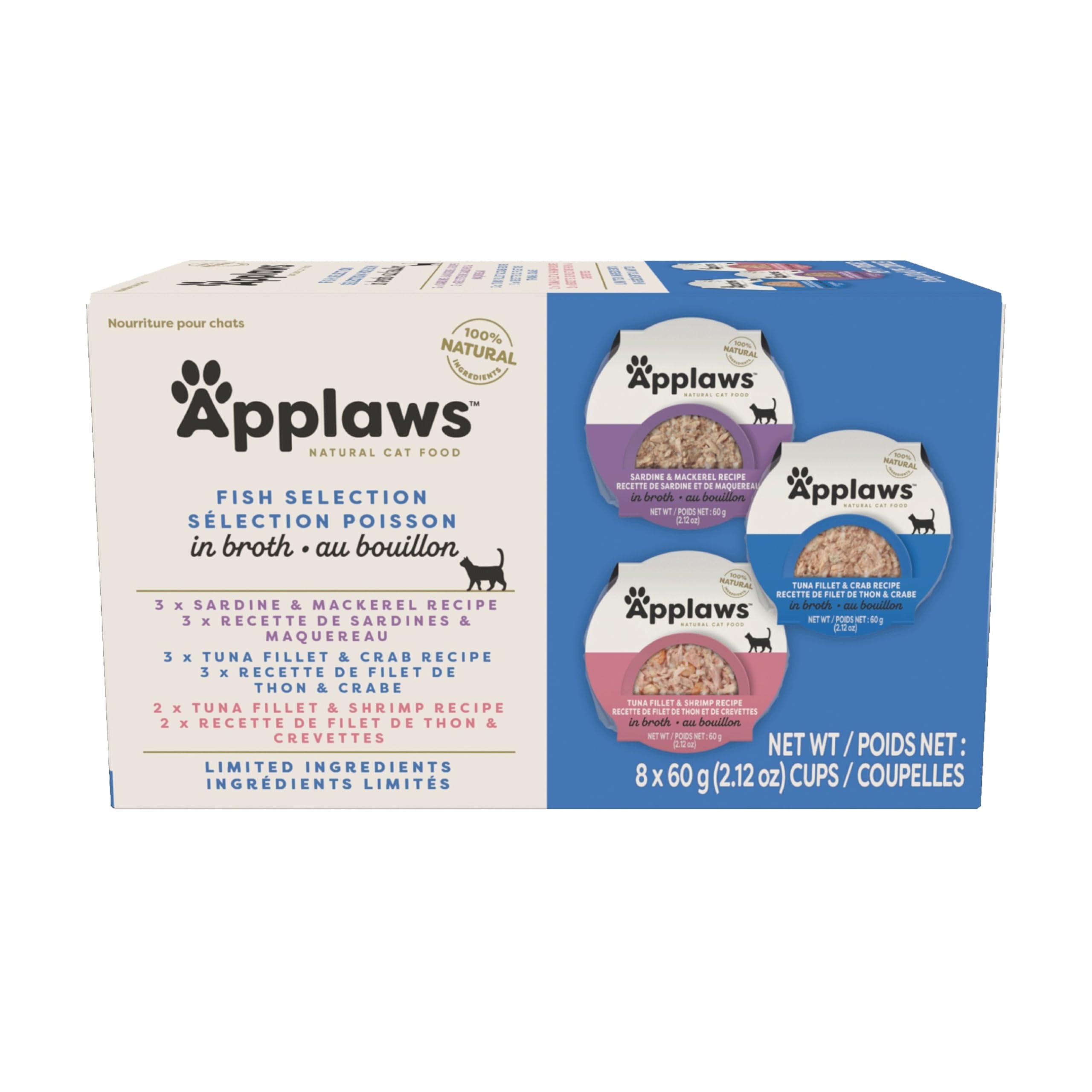 Applaws Natural Wet Cat Food, 8 Count, Limited Ingredient Cat Food Pots, Fish Variety Count in Broth, 2.12oz Pots