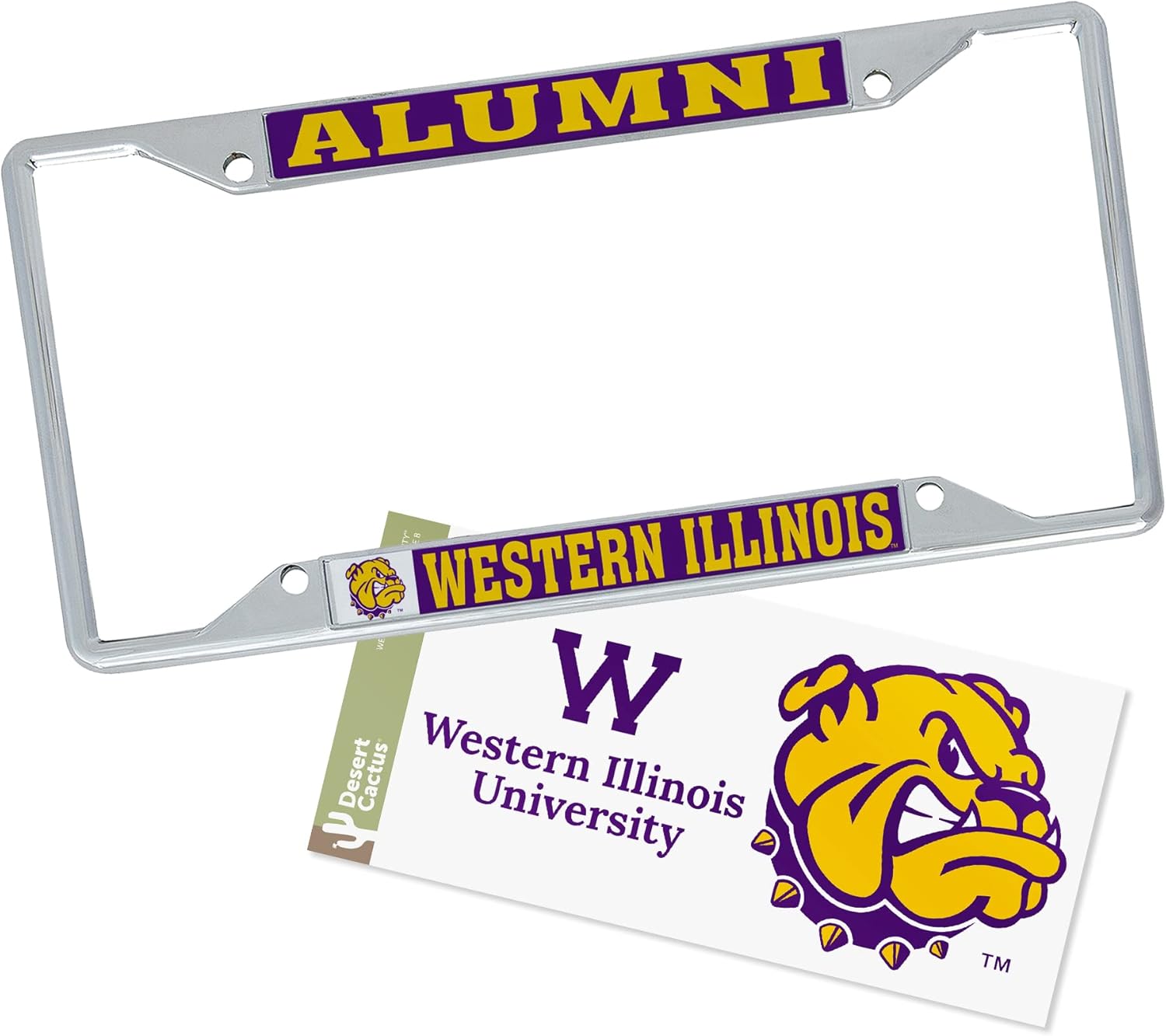 Desert Cactus Western Illinois University Car Accessories Metal License Plate Frame and Sticker for Front or Rear of Car (Sticker Frame Combo - Alumni)