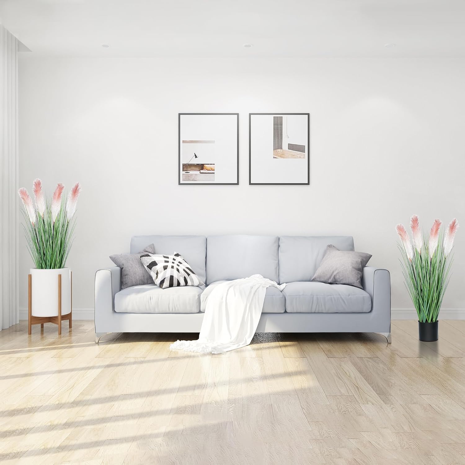 33 Inch Artificial Floor Plants 2 Pack, Reed Pampas Florwers Onion Grass Fake Tall Potted Plant for Indoor Outdoor Bedroom Living Room Garden Patio Housewarming Gift (Pink Beige)