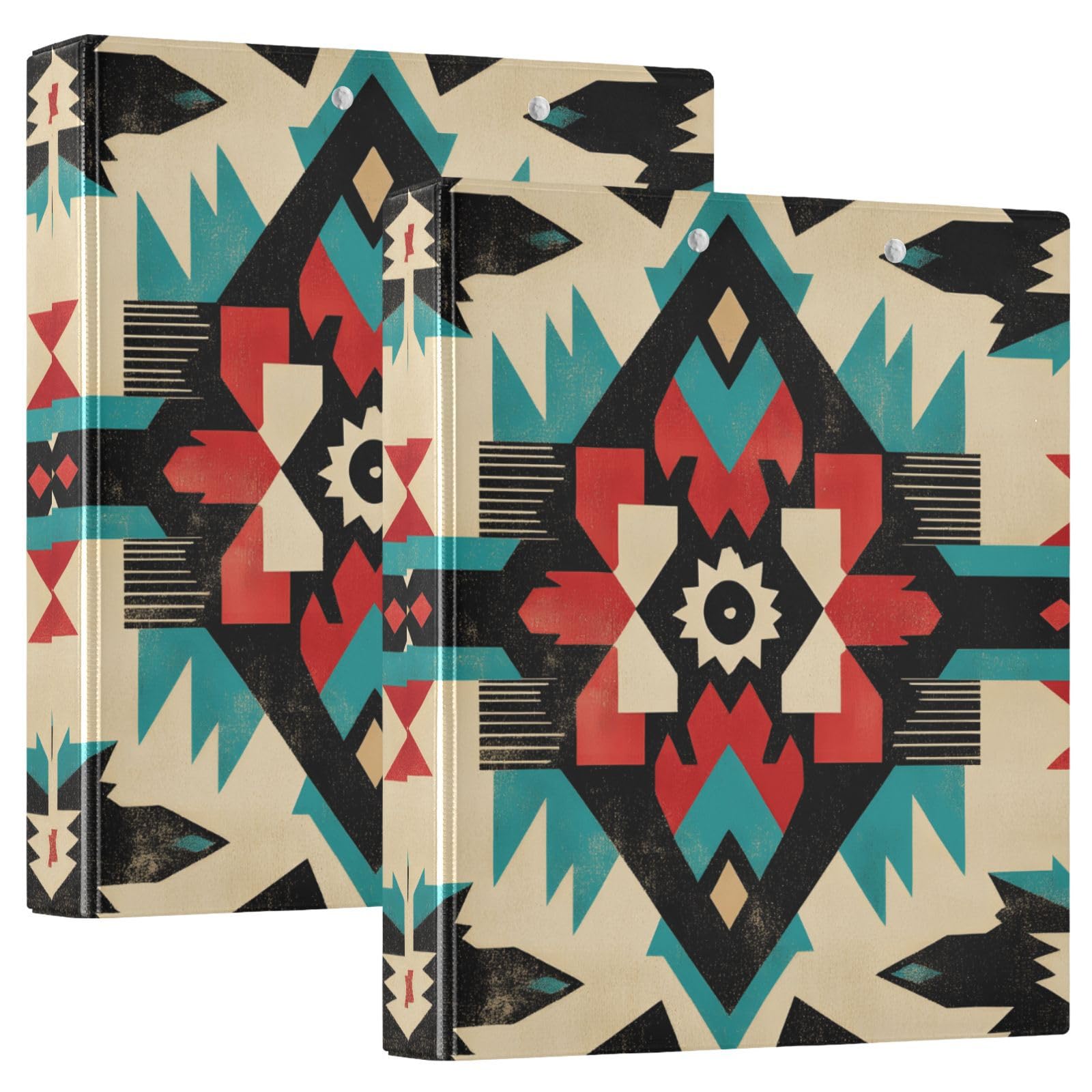 Confezione da 2 raccoglitori a 3 anelli, motivo colorato turchese azteco, 3,8 cm, con 3 tasche trasparenti, portablocco e contiene 200 fogli, per ufficio, scuola, organizzazione domestica