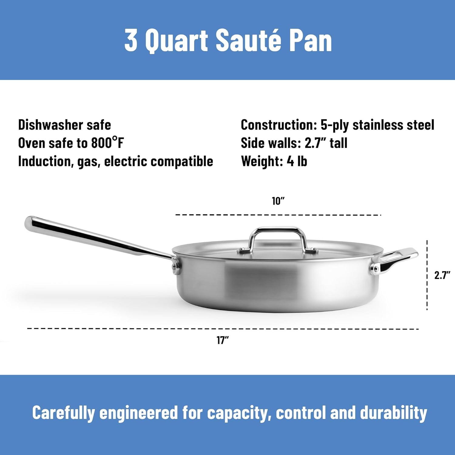 Misen 5-Ply Stainless Steel Sauté Pan with Lid - Versatile, Durable, Dishwasher and Oven Safe - Even Heating, Ergonoic Stay-Cool Handle - For Searing, Braising, and More - 3 QT - Image 8