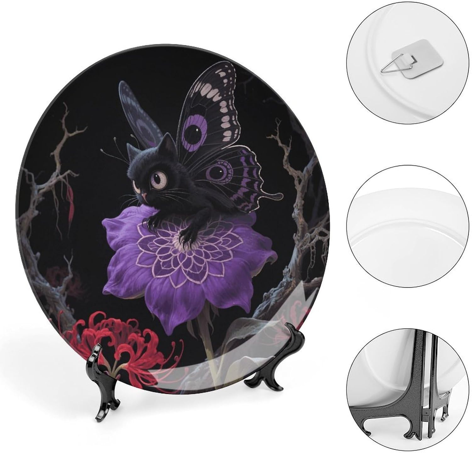 Purple Butterfly Decorative Plates Bone China Plates with Stand for Display 10inch Round Ceramic Dinner Plates Dessert Plate for Kitchen Party Coffee Table Decor Art