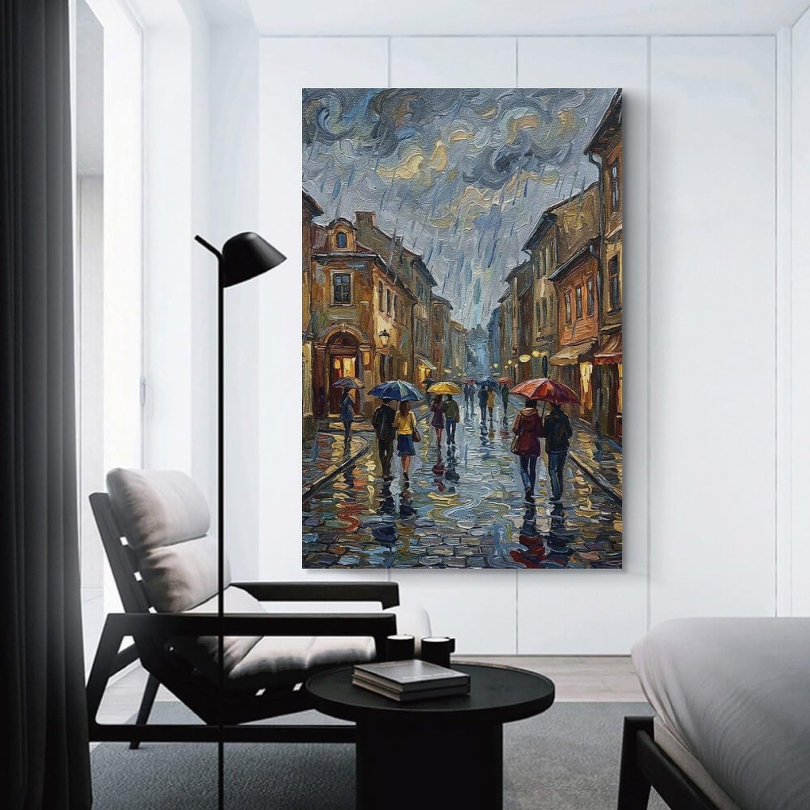 Junmoney Rainy City Street with Umbrellas Canvas Art Print, 20x30inch(50x75cm), for Hallway, Bedroom Or Modern Interiors, A Wall Art Gift for Fresh Interiors