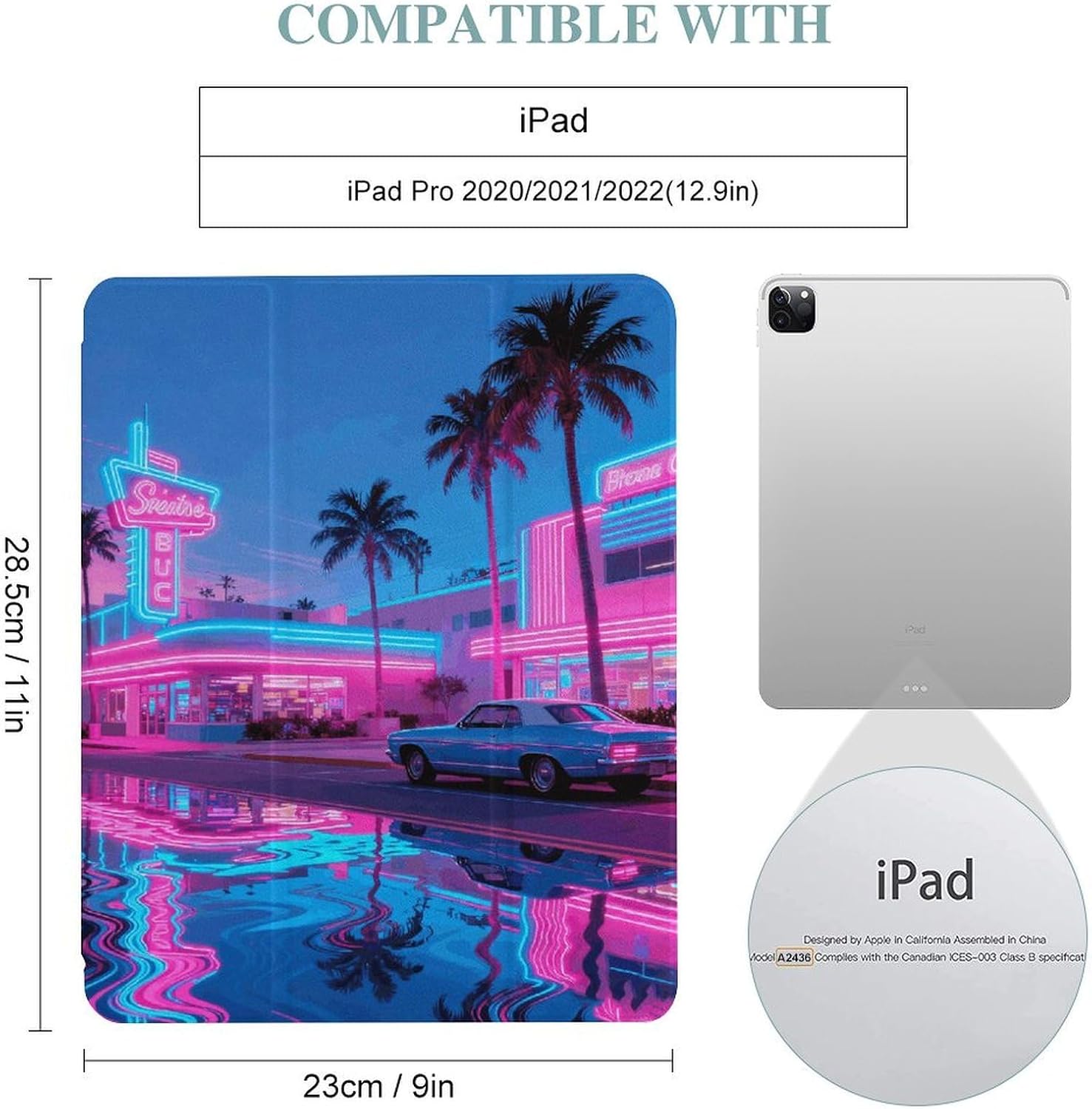 Vaporwave Street View 12.9 in Trifold for iPad Case with Pencil Holder image 2