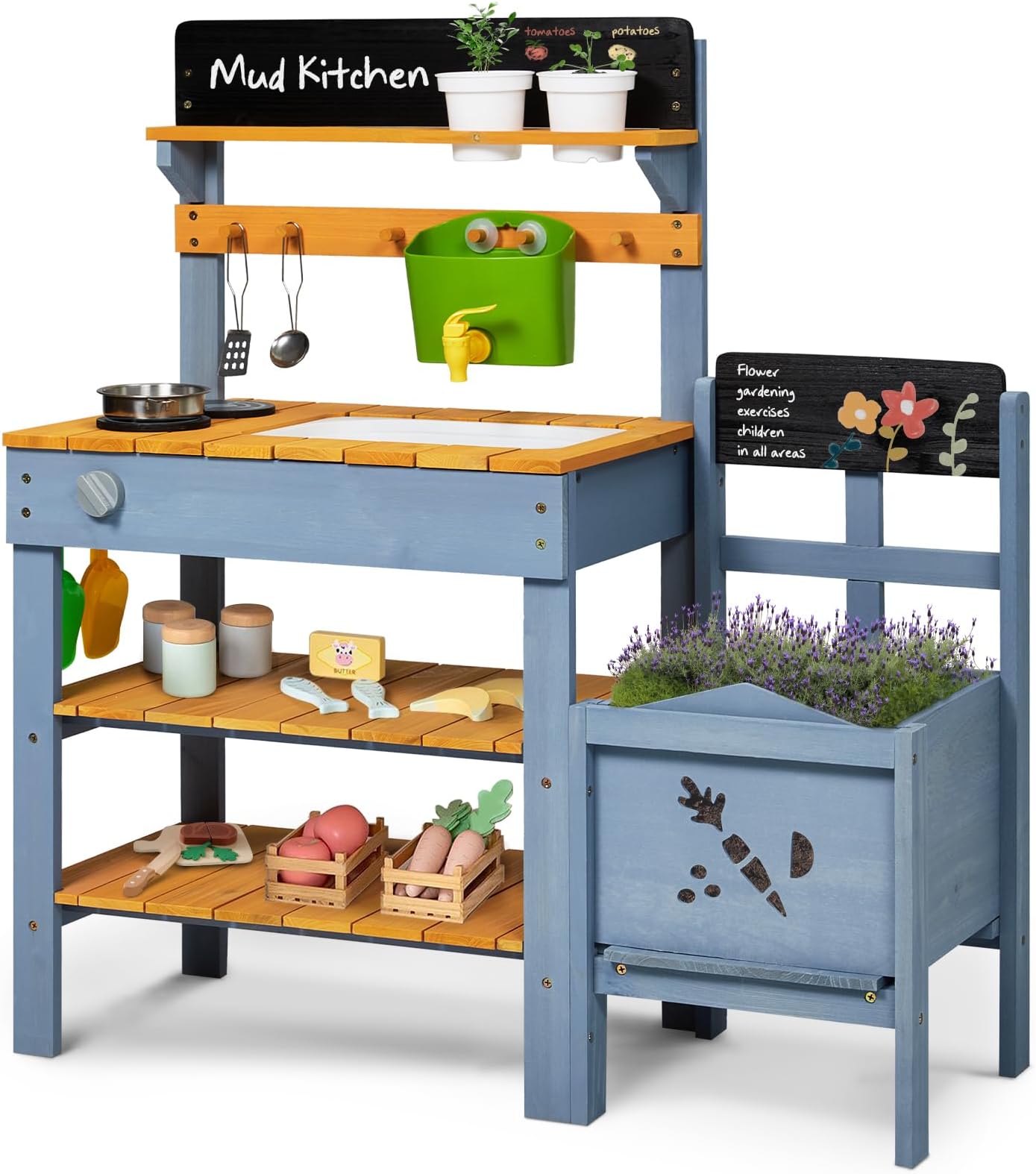 Frogprin Mud Kitchen with Planter Box, Outdoor Play Pretend Kitchen with Stoves, Removable Sink, Faucet, Blackboard, Cooking Accessories & Gardening Tools Set, Wooden Kids Kitchen for Boys Girls 3