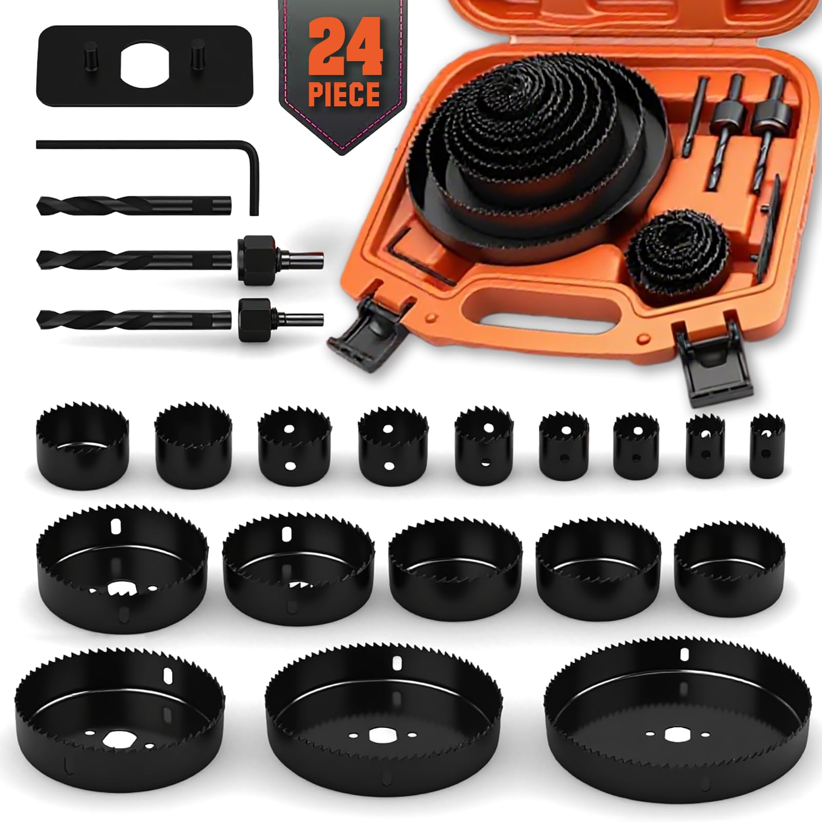 HORUSDY Hole Saw Set 24PCS Hole Saw Kit,Hole Saw Drill Bit Kit, 3/4"-6" (19-152mm) 17PCS Saw Blades, 2 Mandrels, 3 Drill Bit, Installation Plate, Hex