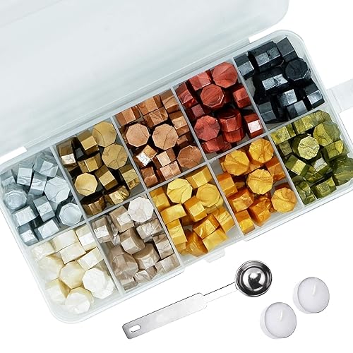 Lanmiya Cuentas de cera de sellado, 200 piezas retro metálicas con 2 velas de té y 1 cuchara de derretir cera