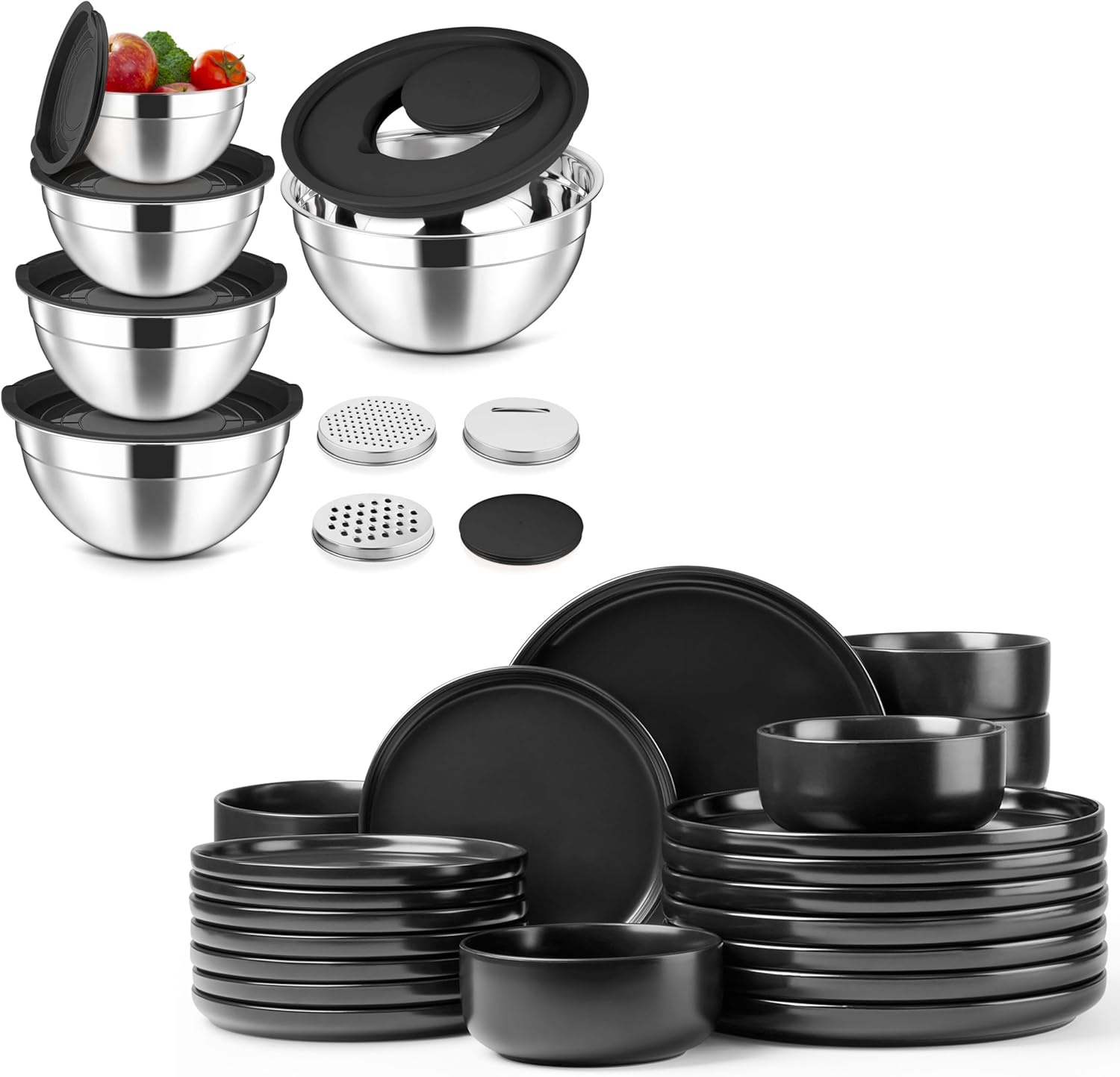 Herogo 5-Piece Mixing Bowls with Airtight Lids, 24 Pieces Stoneware Dinnerware Set Service for 8, Black