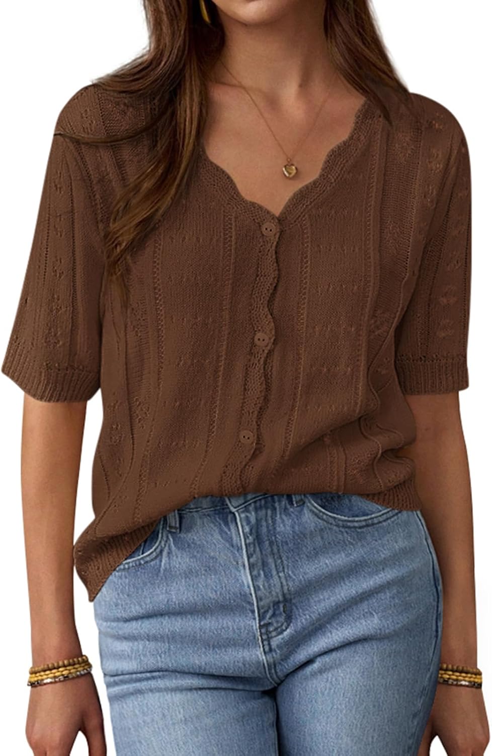 PRETTYGARDEN Womens Short Sleeve Crochet Knit Sweater Spring Fashion 2026 Button Down Lightweight Cardigans Summer Tops