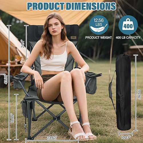 Miniatura 2 de Sillas de campamento de respaldo alto de gran tamaño con almohada, soportes dobles para tazas y bolsa enfriadora, silla plegable resistente al aire