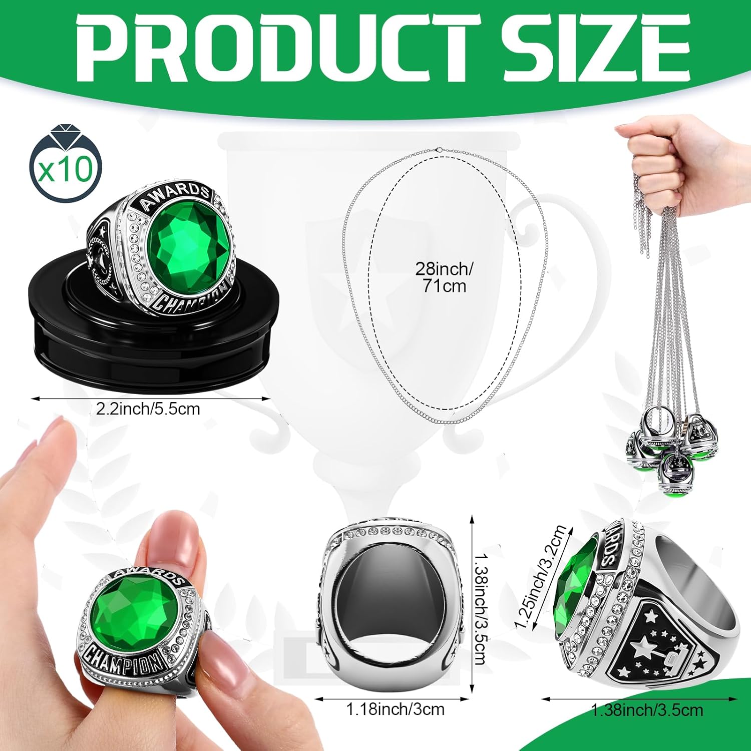 Landical 10 Pcs Championship Trophy Rings Bulk MVP Winner Youth Award Gift with Neck Chains and Display Stand for Basketball Baseball Football Volleyball Softball