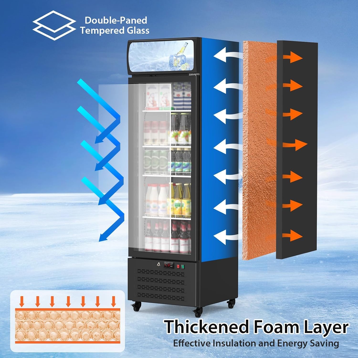 11.3 Cu.ft Commercial Display Refrigerator, Single Glass Door Beverage Cooler with Adjustable Shelves, LED Lighting & Advertising Panel, Mobile Drink Fridge for Store or Home, Black