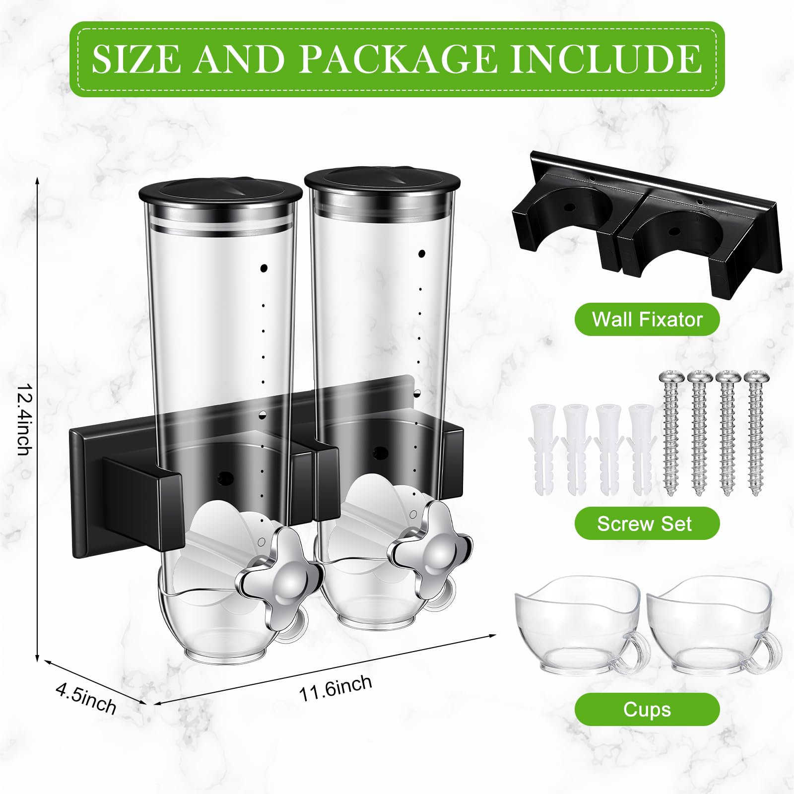 Huwena Set di 4 contenitori per cereali, 3 l ciascuno, dispenser da parete per cereali, per alimenti secchi, caramelle, farina d'avena, caffè, noci, colore nero