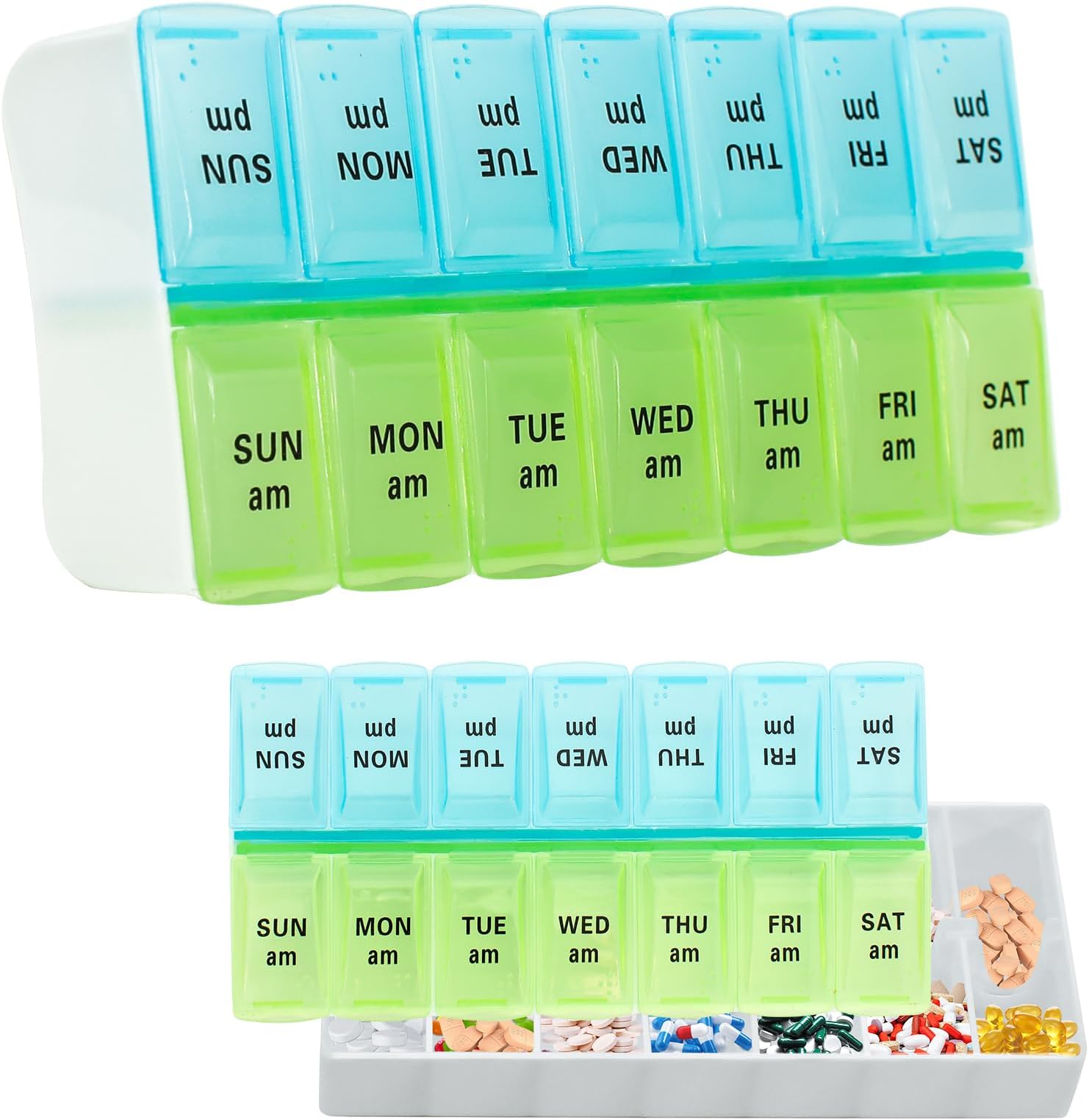 Pill Boxes 7 Day 2 Times a Day,Weekly Pill Organiser for Travel Pill Box Handy and Moisture Resistant, Medicine Box for Handbags or Pants Pocket to Store Medicine (Green & Blue)