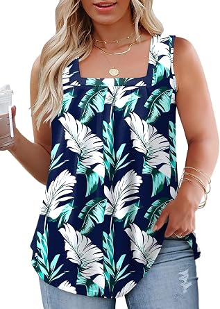 VOGRACE Plus-Size-Tank-Tops for Women Summer Pleated Square Neck Tunics Trendy Casual Floral Print Sleeveless Shirts 1X-5X