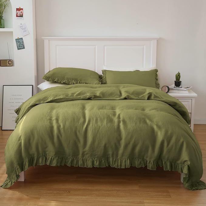 Simple&Opulence 100% Linen Duvet Cover Set, 3 PCS Natural French Flax Ruffle Duvet Cover King Size, Breathable Comfy Linen Bedding Comforter Cover with 2 Pillowcases (Natural Linen, 104" X 92")