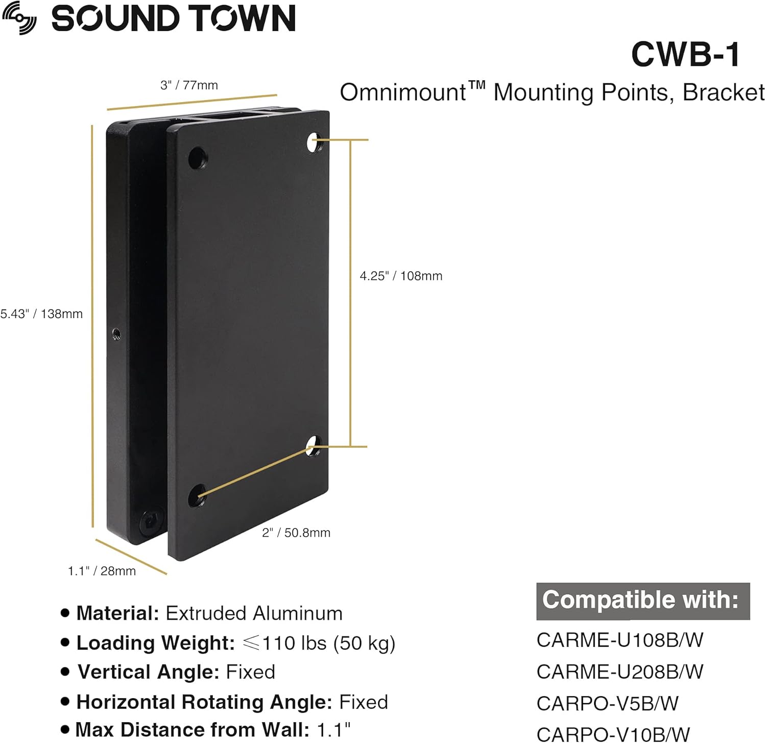 Sound Town 2-Pack Universal Speaker Wall Mount Brackets, 4.25" x 2" Mounting Template, Black (CWB-1-PAIR)