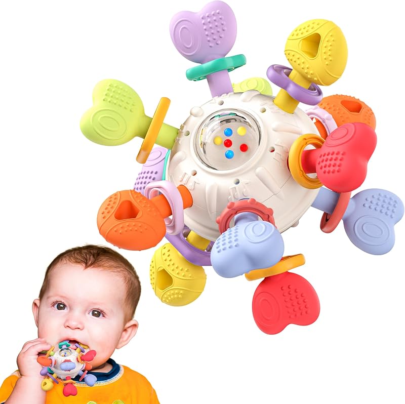 Montessori Silicone Teething Toys with Rattle, Babies 0-12 Months | BPA free sensory teether set, multi textured edges massage gums, easy grasp small hands, gift for boys and girls
